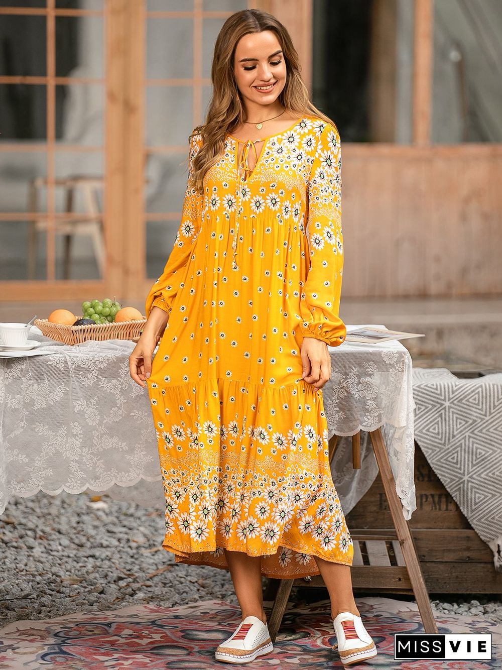 Floral Shift Long Sleeve Boho Weaving Dress