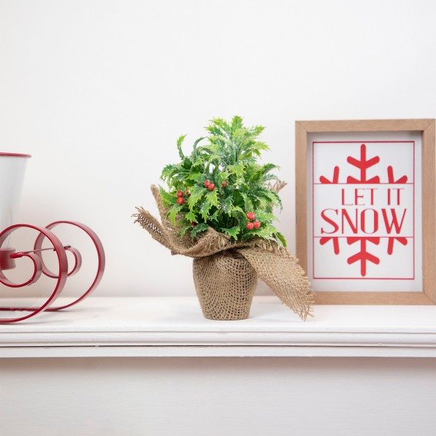 Iced Artificial Christmas Holly Berry Plant In Burlap Base