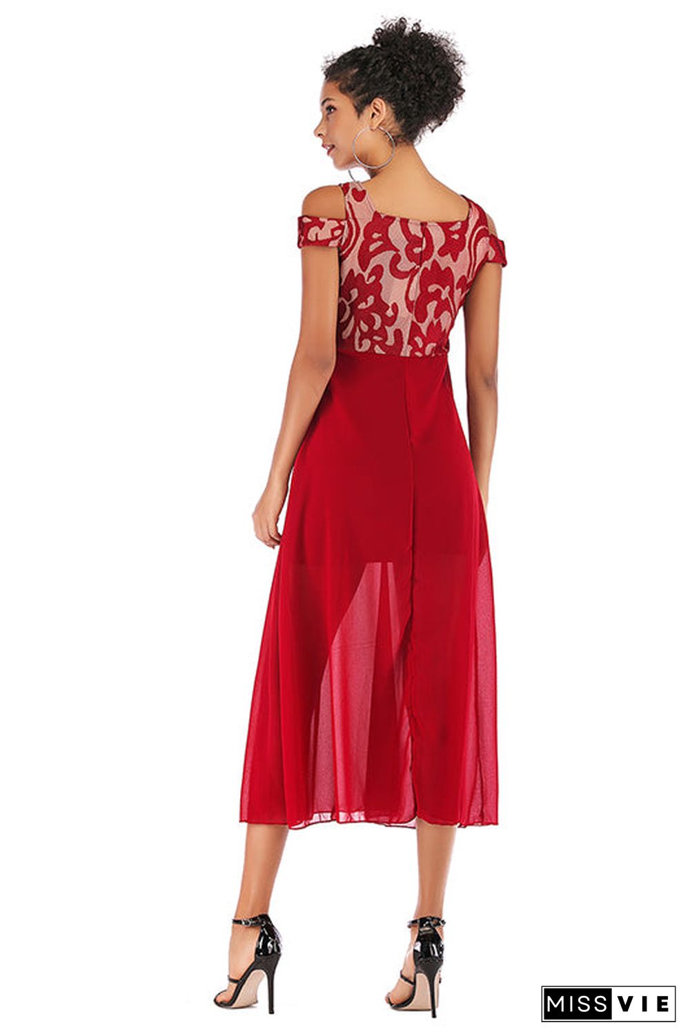 Red Off-the-shoulder Mesh Stitched Chiffon Dress