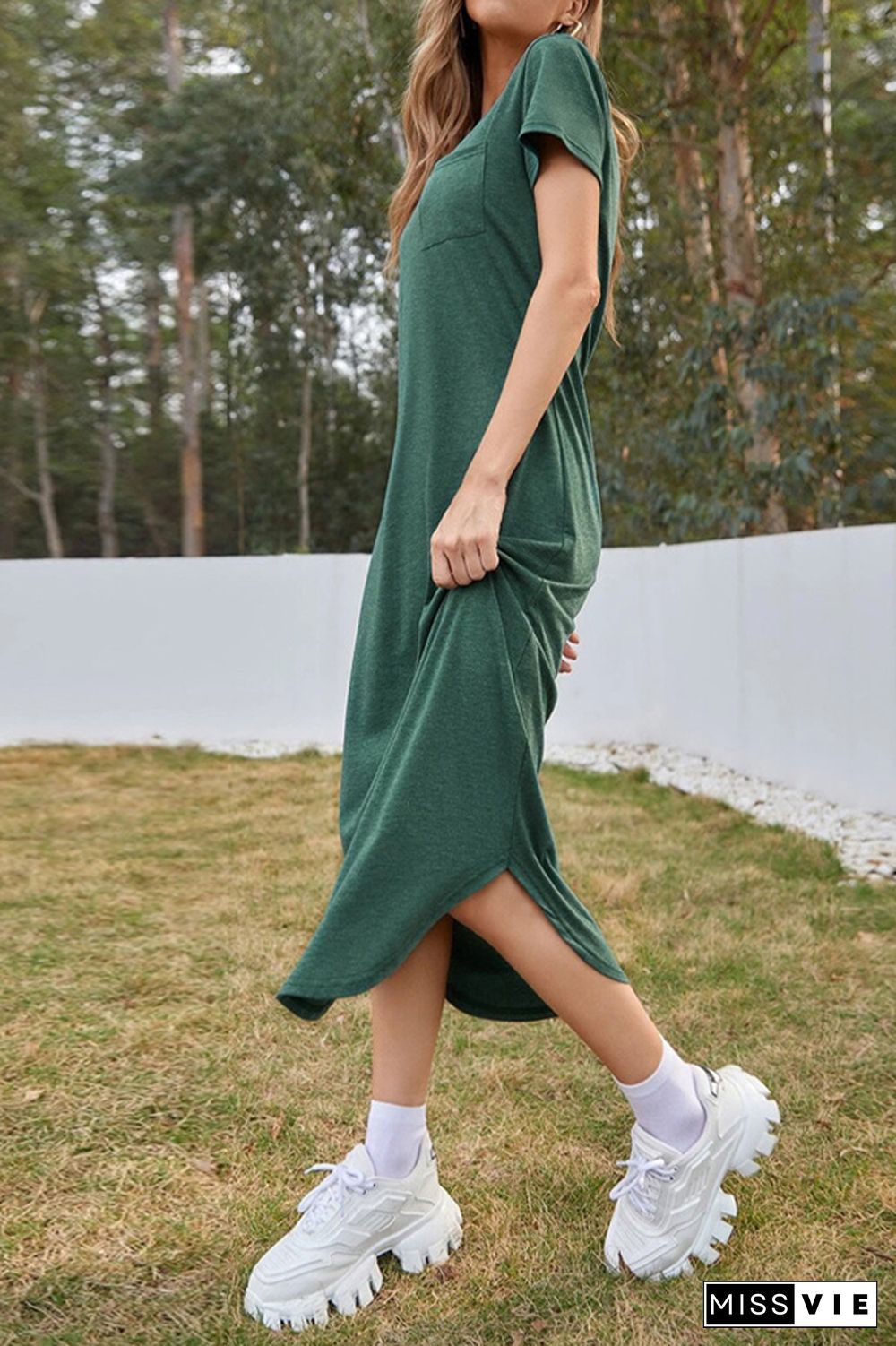 Short Sleeve Hem Tshirt Dress With Pocket