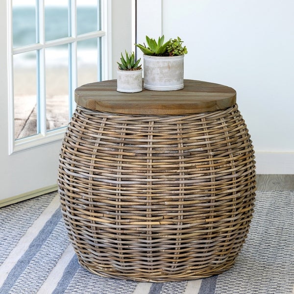 Rattan Side Table with Wood Top - Natural - 23.5