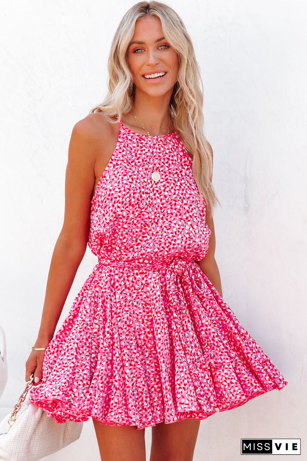 Pink Leopard Print Sleeveless Mini Dress with Waist Tie