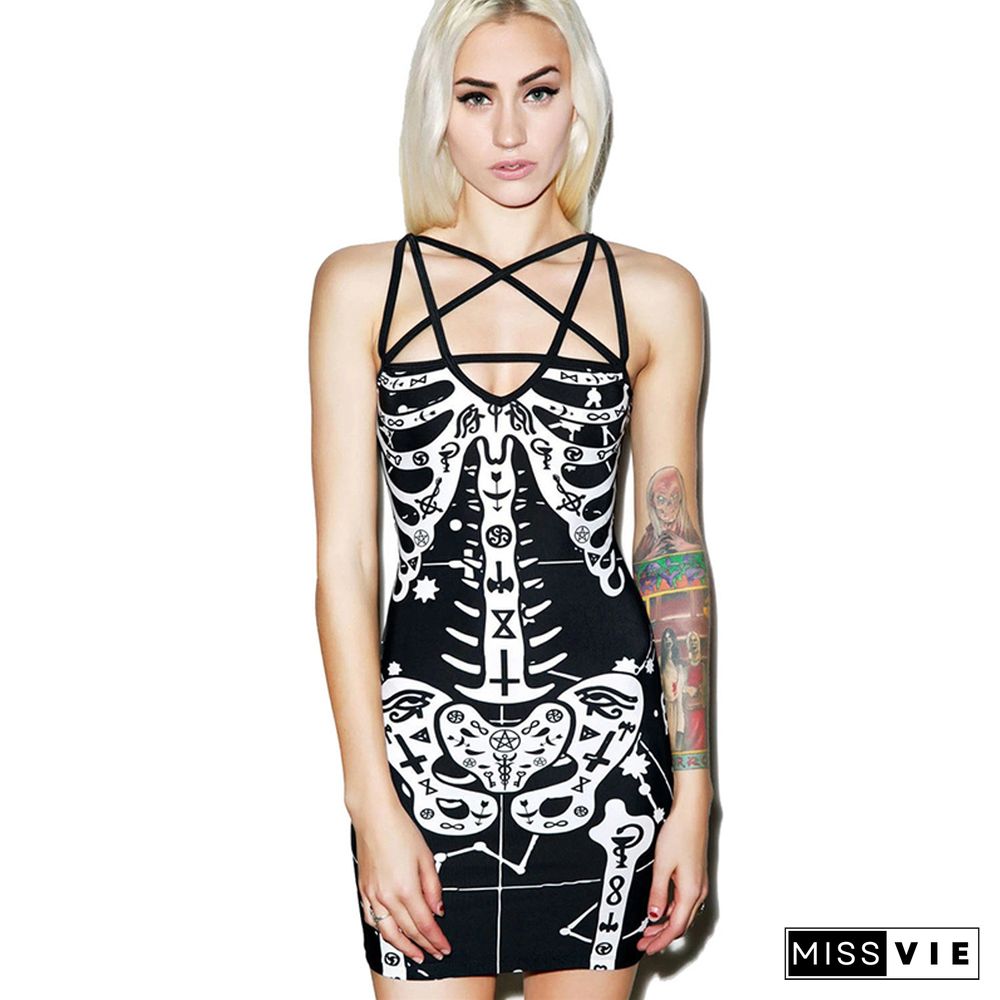 Goth Dress Summer Women Sleeveless Hollow Out Mini Dress Graphic Skeleton Print Clubwear Y2k Dark Academia Clothes