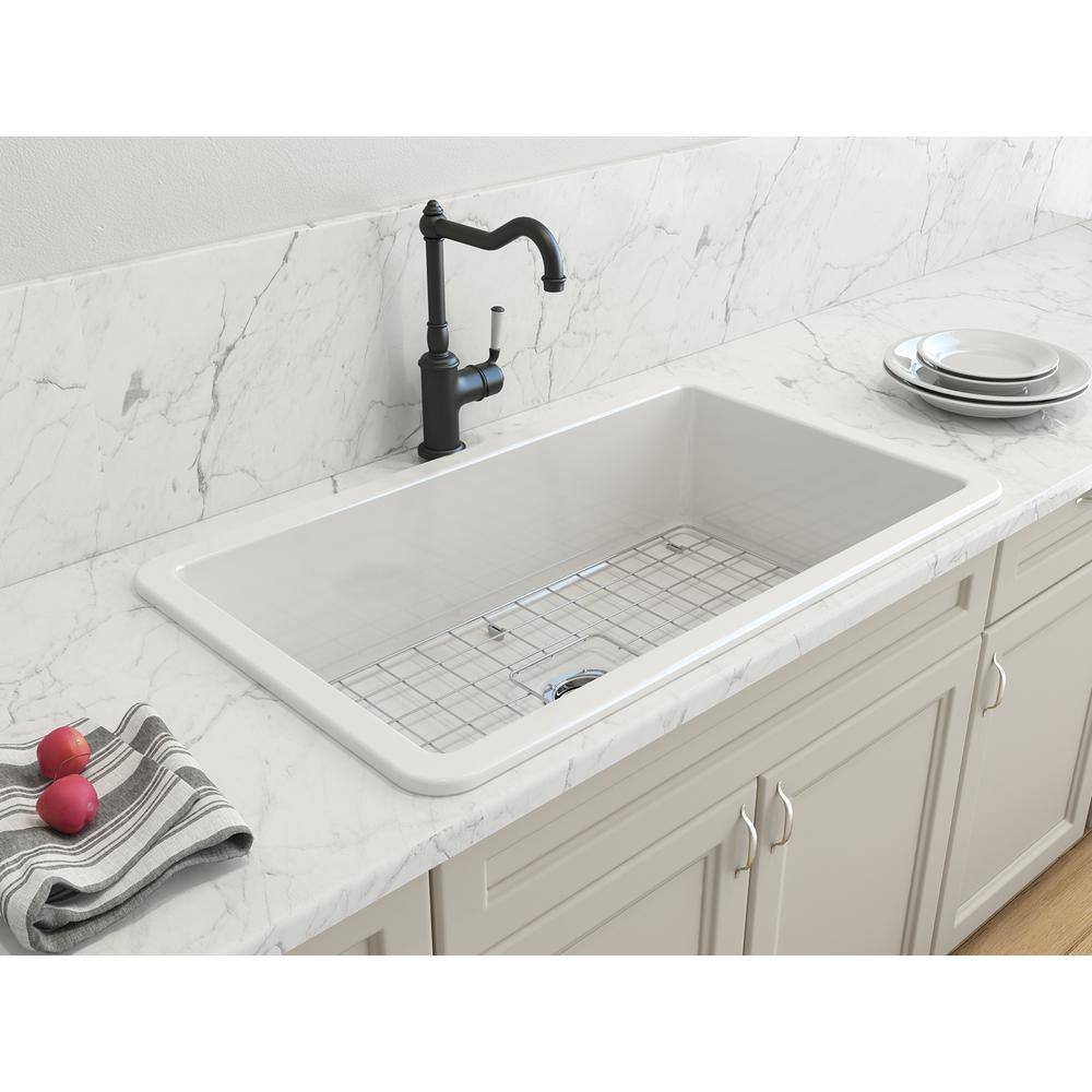 BOCCHI Sotto White Fireclay 32 in. Single Bowl Undermount Kitchen Sink wAccessories 1362-001-KIT1