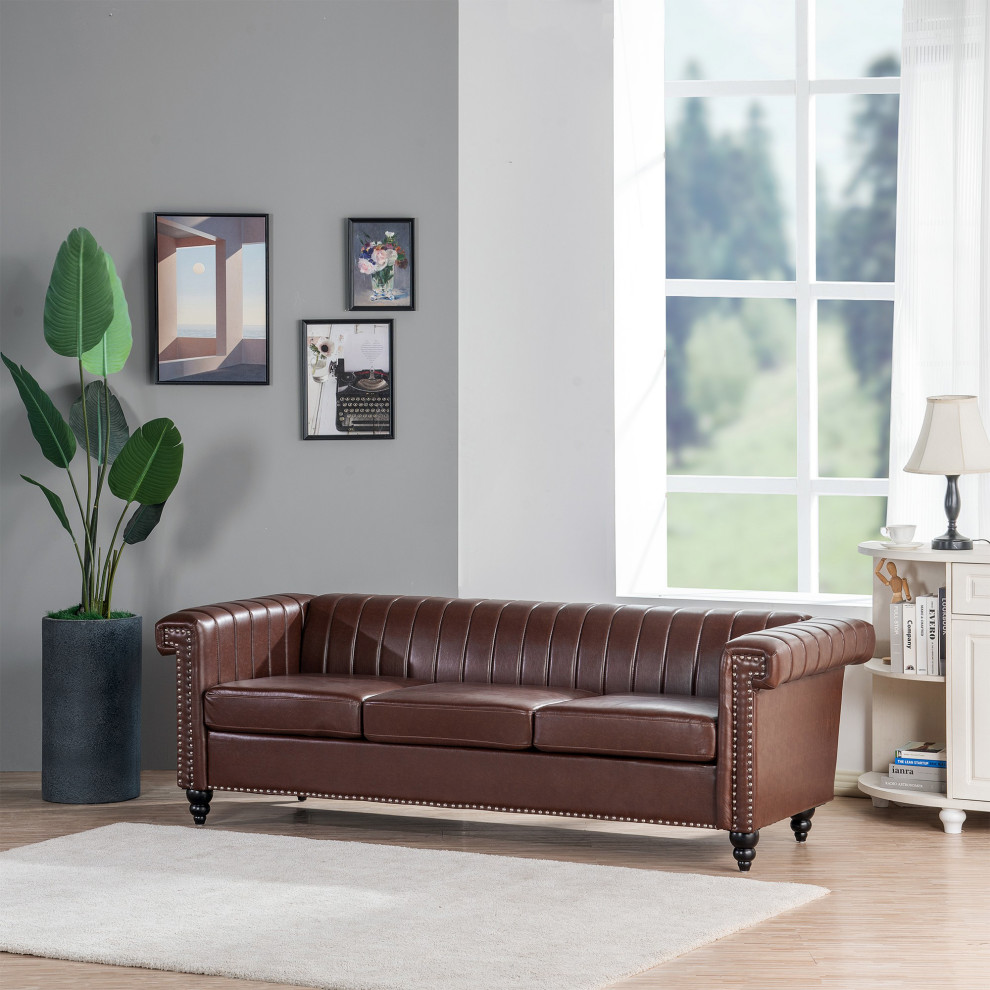 83 quotFaux leather Square Arm Sofa with Nailhead Trim   Traditional   Sofas   by AquaView Inc  Houzz