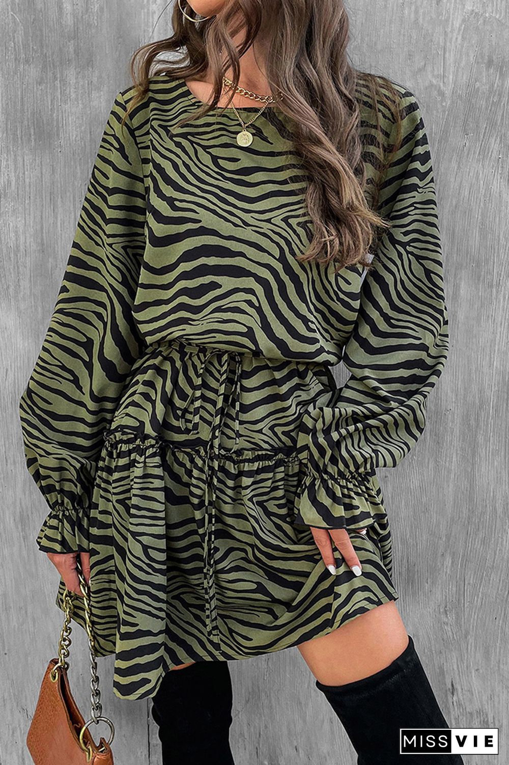 Zebra Print Puff Sleeves Ruffle Mini Dress