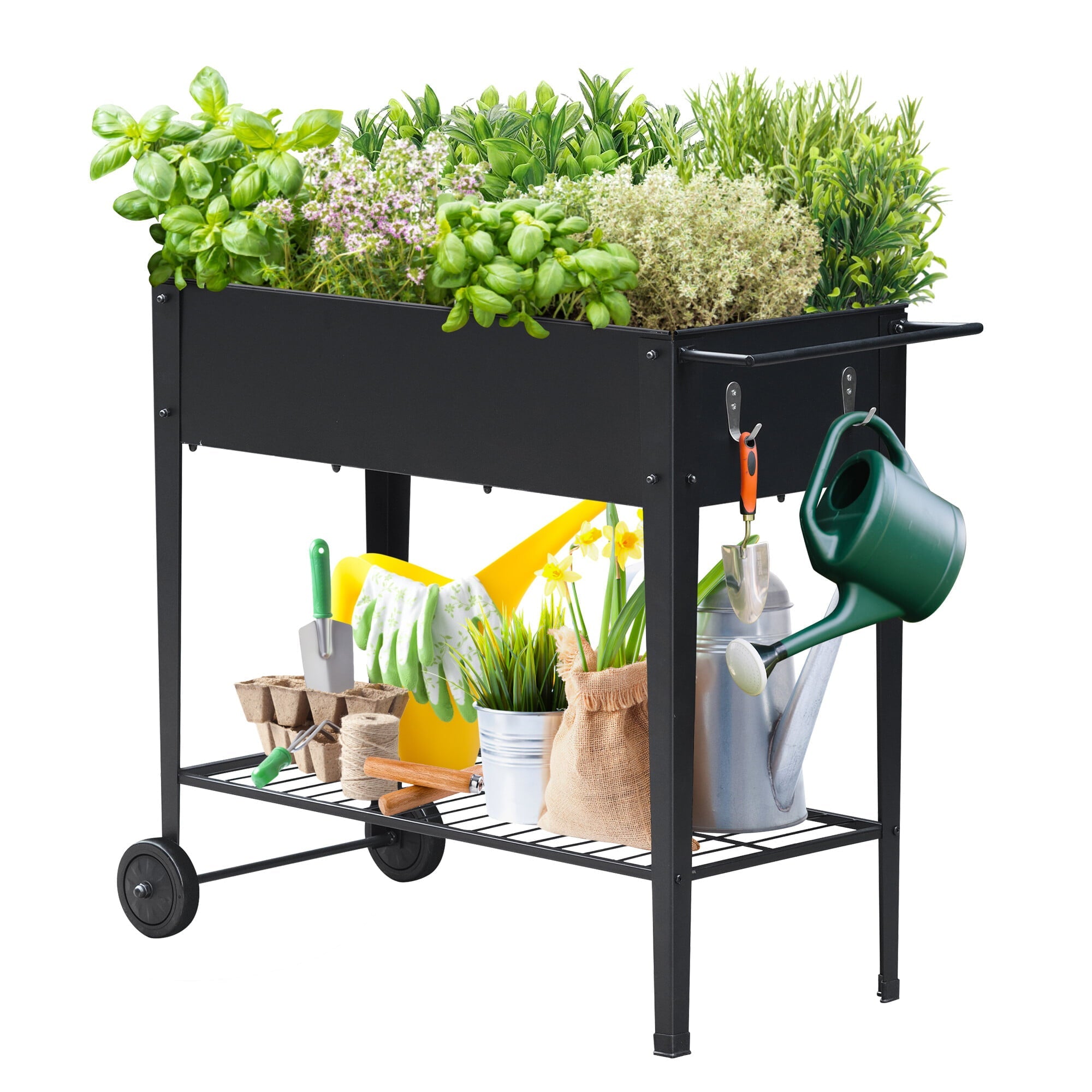 HomGarden Mobile Raised Garden Bed, Elevated Steel Planter Box W/ Storage Shelf & Handlebar