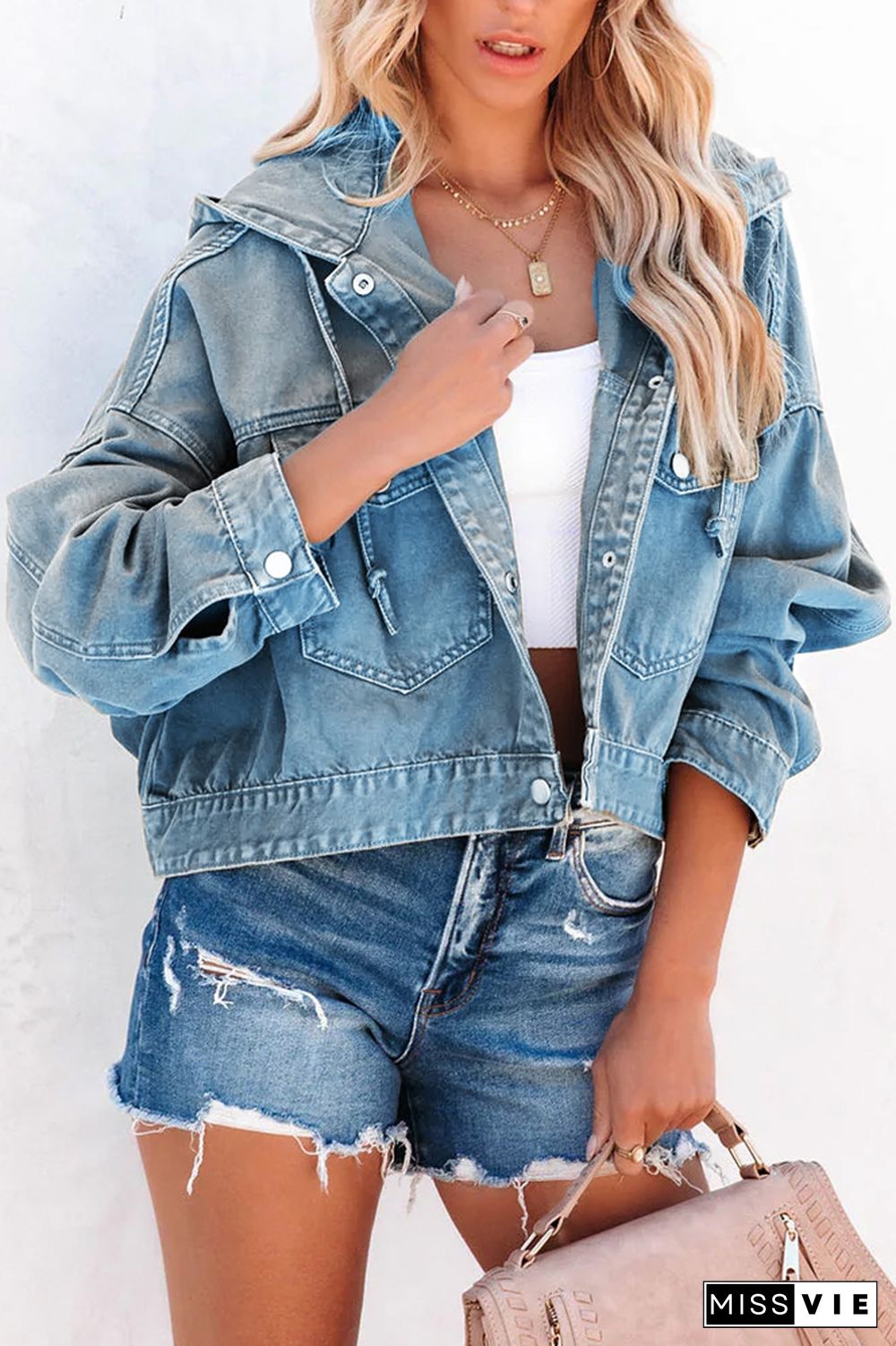 Open Button Pocket Short Length Denim Jacket with Hood