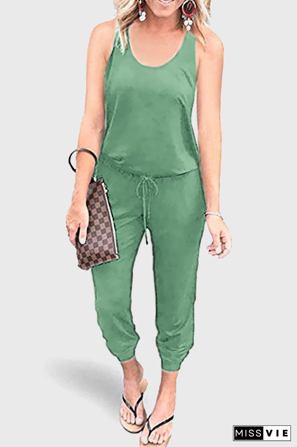 Casual Solid Split Joint Frenulum U Neck Jumpsuits(4 Colors)