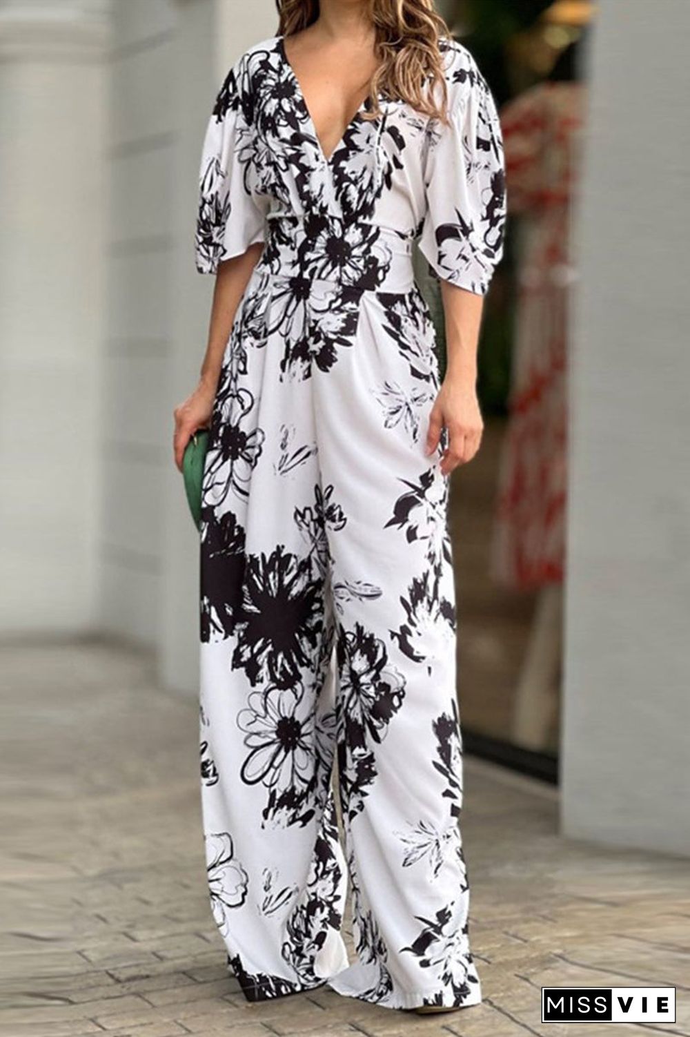 Casual Elegant Floral Patchwork V Neck Loose Jumpsuits