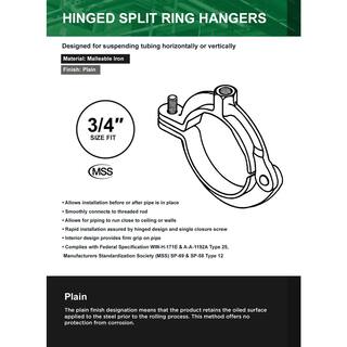 The Plumber's Choice 34 in. Hinged Split Ring Pipe Hanger Malleable Iron Clamp with 38 in. Rod Fitting for Suspending Tubing (10-Pack) 34HSHB-10