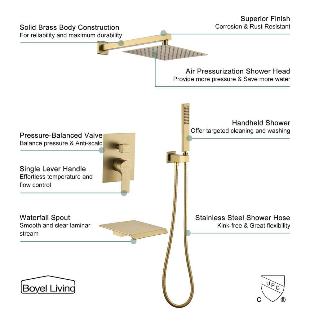 Boyel Living Wall Mount SingleHandle 1Spray Tub and Shower Faucet in Brushed Gold  10 Inch