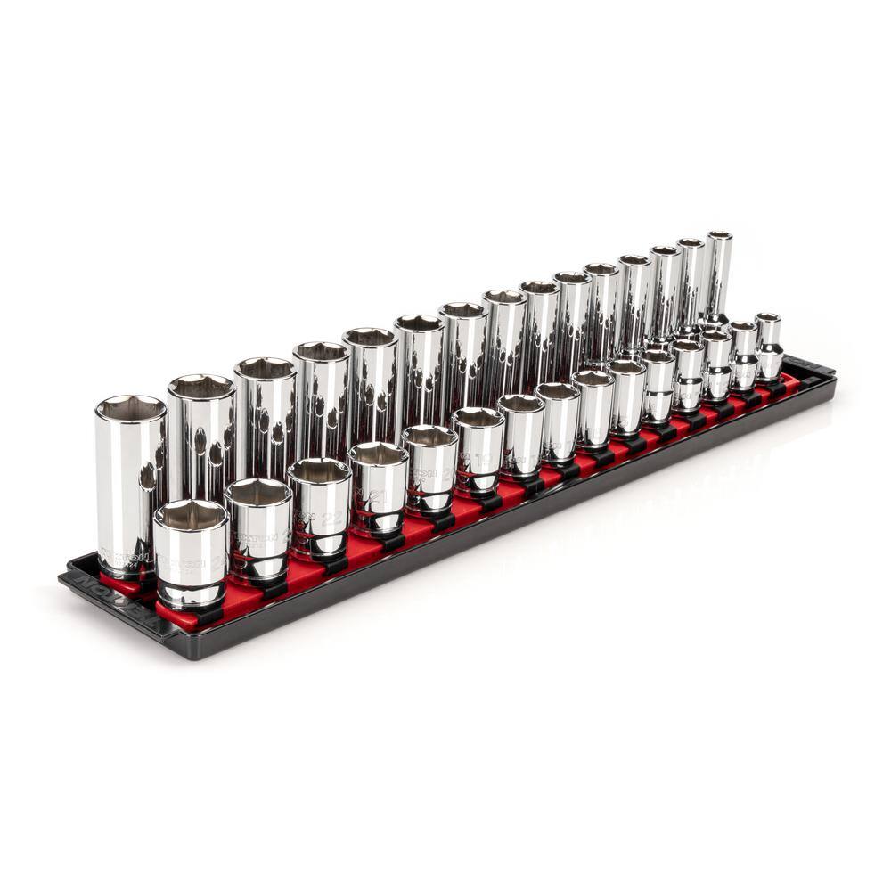 TEKTON 12 in. Drive 6-Point Socket Set with Rails (10 mm-24 mm) (30-Piece) SHD92211