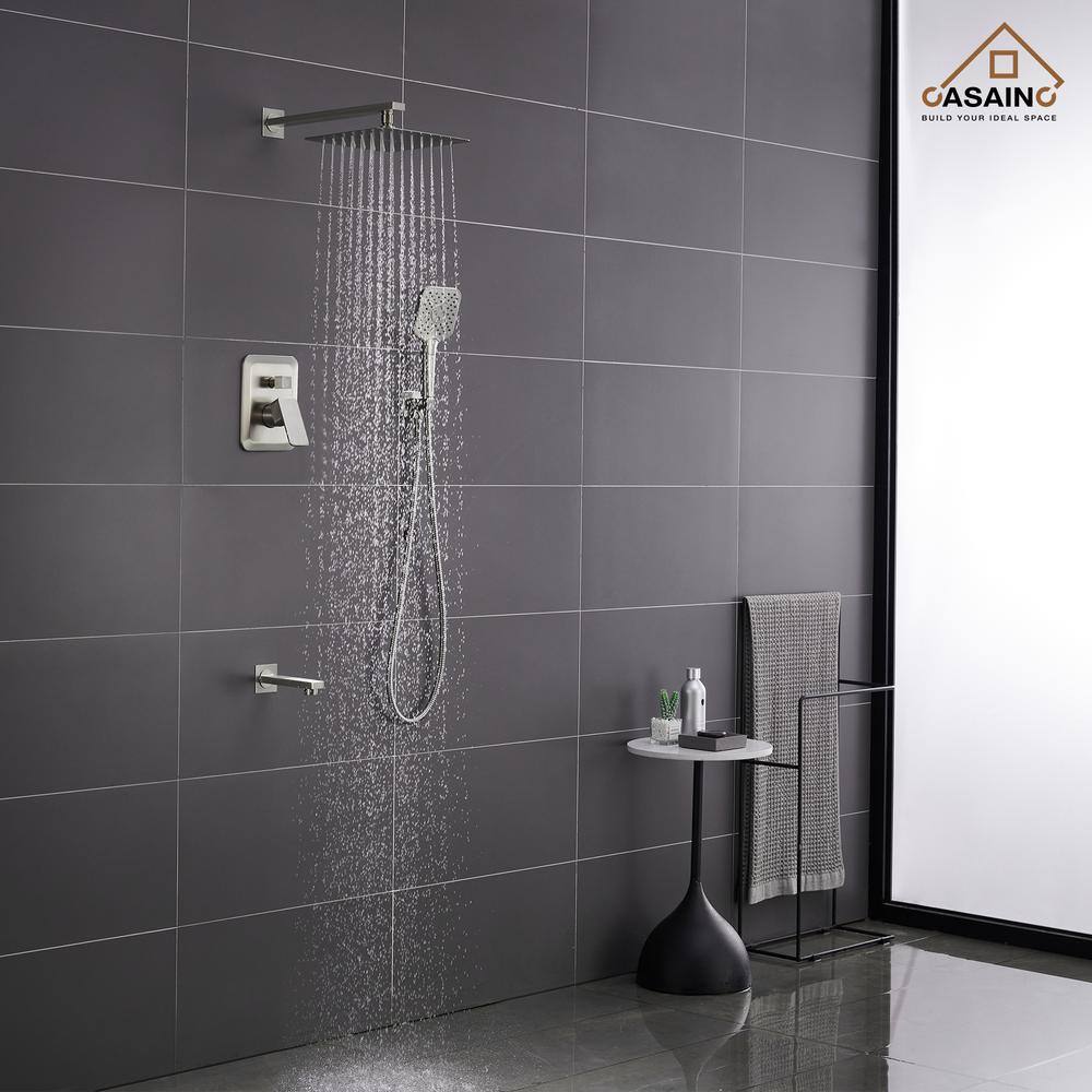 CASAINC 3-Spray Patterns with 9.8 in. Tub Wall Mount Dual Shower Heads in Spot Resist Brushed Nickel HM-B206-SQ-BN