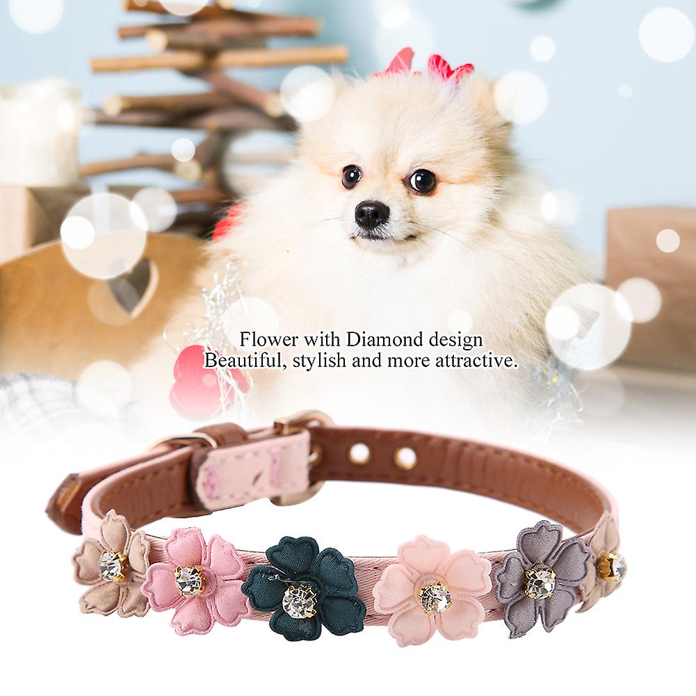 Flower With Diamond Pet Cat Dog Collar Adjustable Pu Leather Dog Bow Tie (pink 1.3 * 42cm )