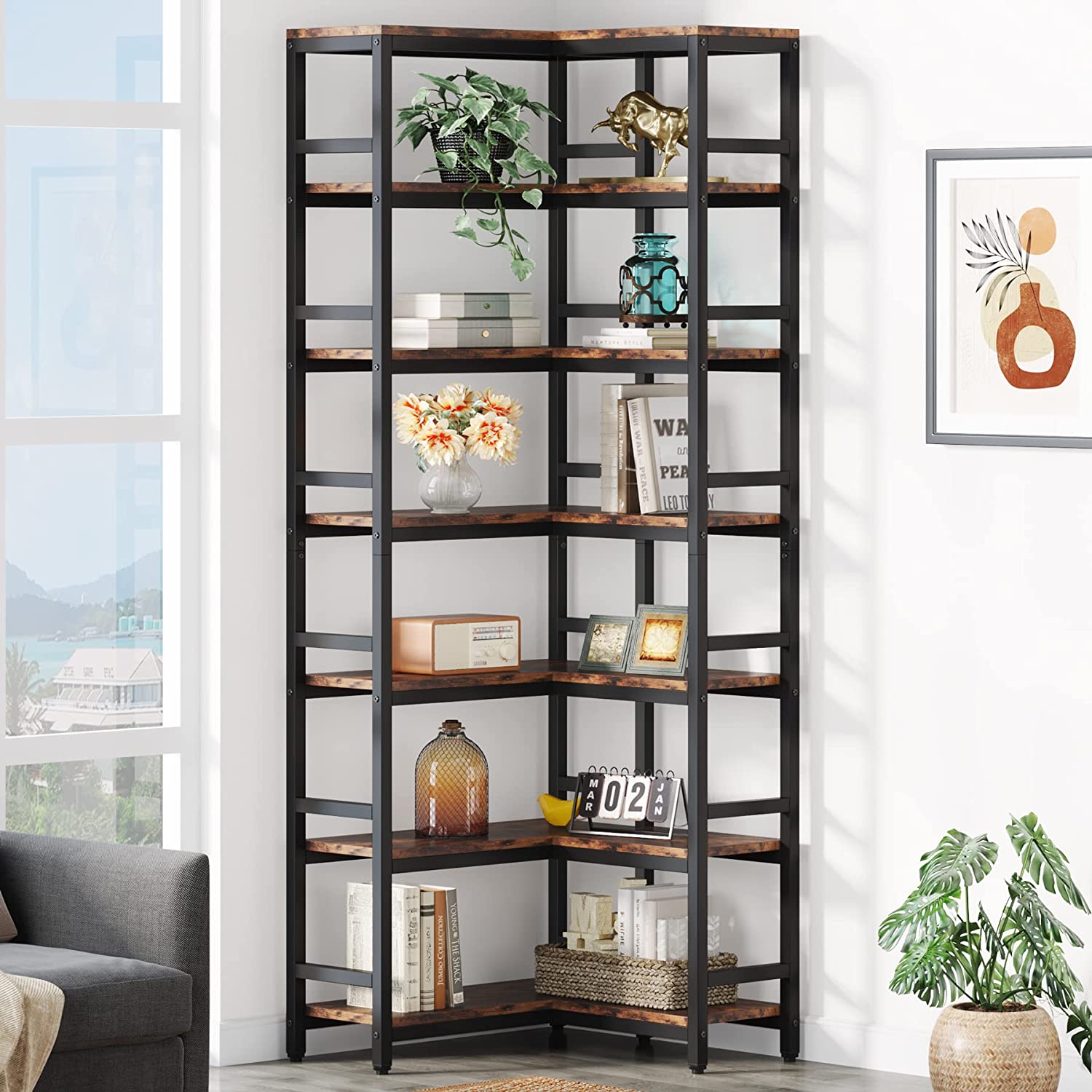 Industrial Corner Bookshelf, 5-Tier/7-Tier Bookcase Etagere Display Rack