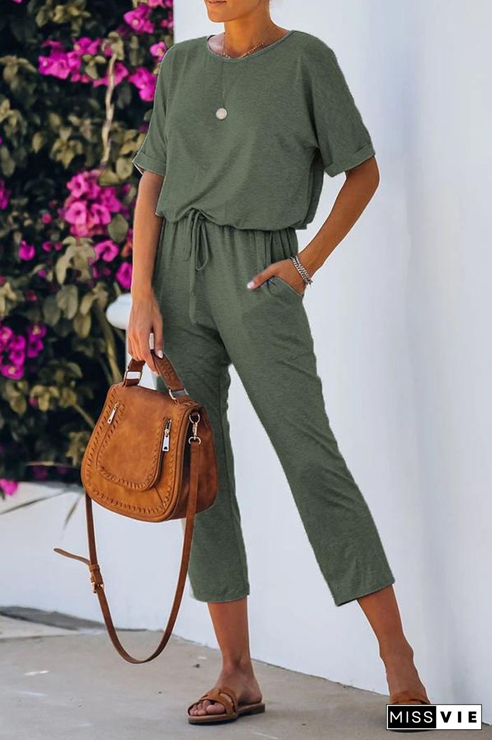 Short Sleeve Round Neck Casual Jumpsuit P14775