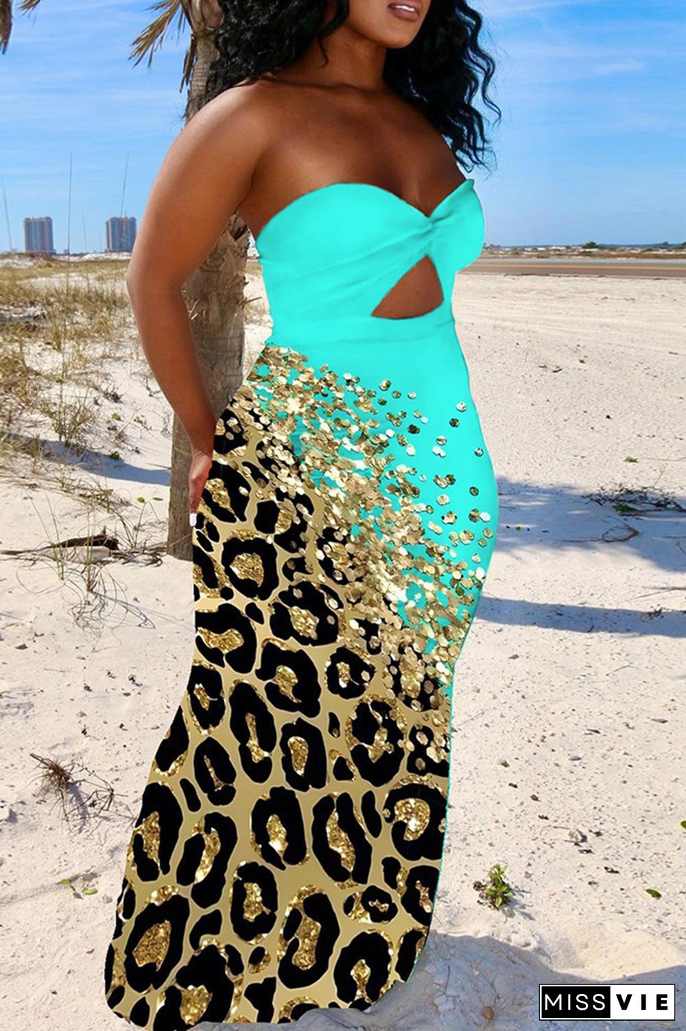 Lake Green Sexy Casual Print Hollowed Out Backless Strapless Long Dress Dresses