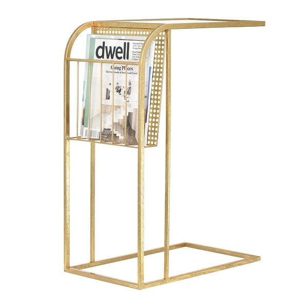 Metal Side Table with Magazine Rack and Glass Top， Gold