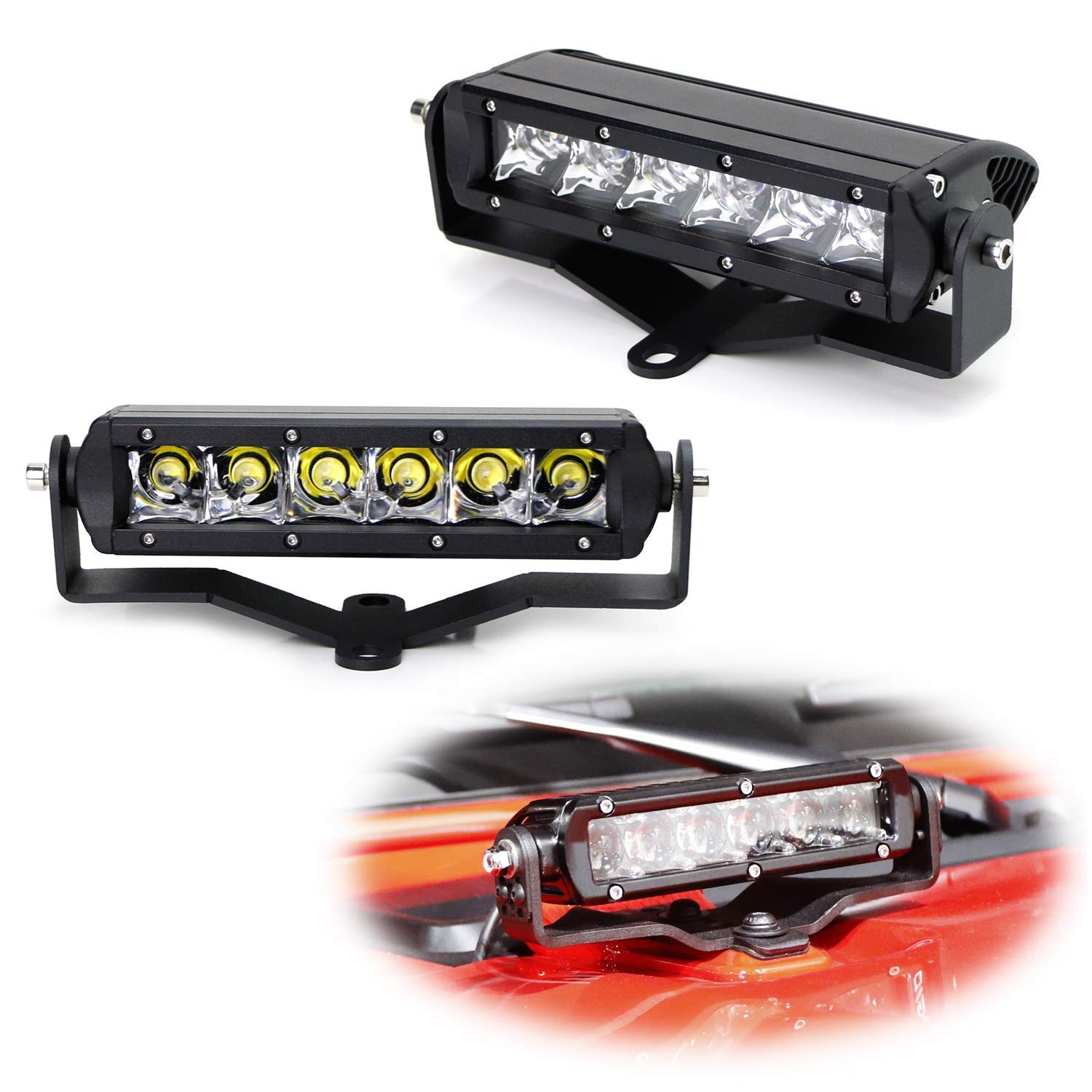 iJDMTOY Hood LED Light Bar Kit Compatible With Jeep 2007-up Wrangler JK/JL， Includes (2) 30W High Power CREE LED Lightbars， Hood Hinge Mounting Brackets and On/Off Switch Wiring Kit