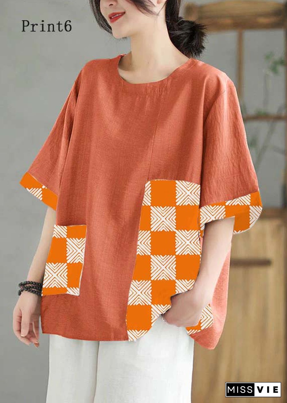 Women Print6  O Neck Print Patchwork Linen T Shirt Top Summer