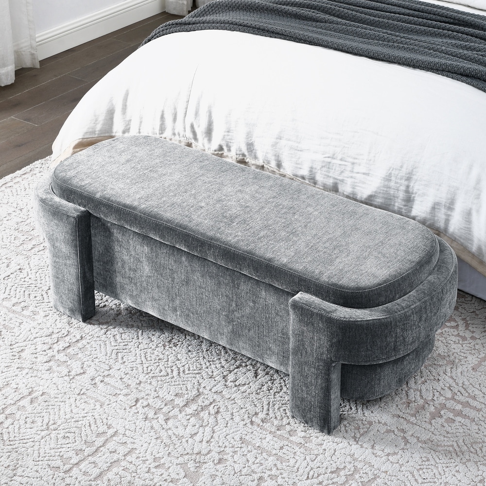 Linen Fabric Upholstered Bench with Large Storage Space