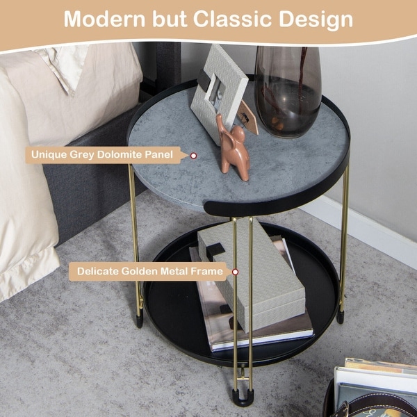 2-Tier Round Side Table with Removable Tray and Metal Frame for Small Space-Golden - 18