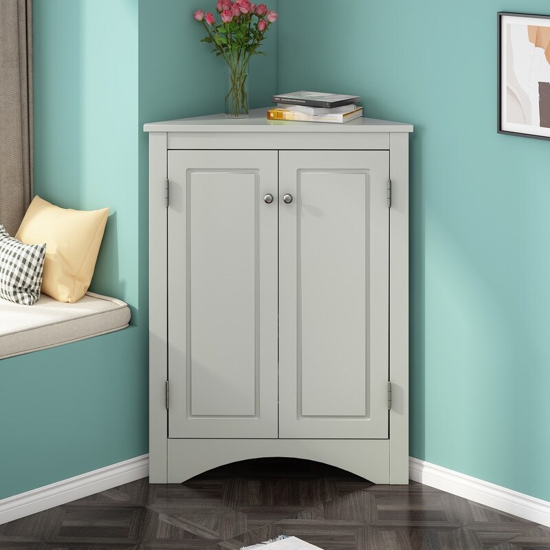 Corner Triangle Bathroom Storage Cabinet with Adjustable Shelves  Freestanding Floor Cabinet  Accent Cabinet for Living Room