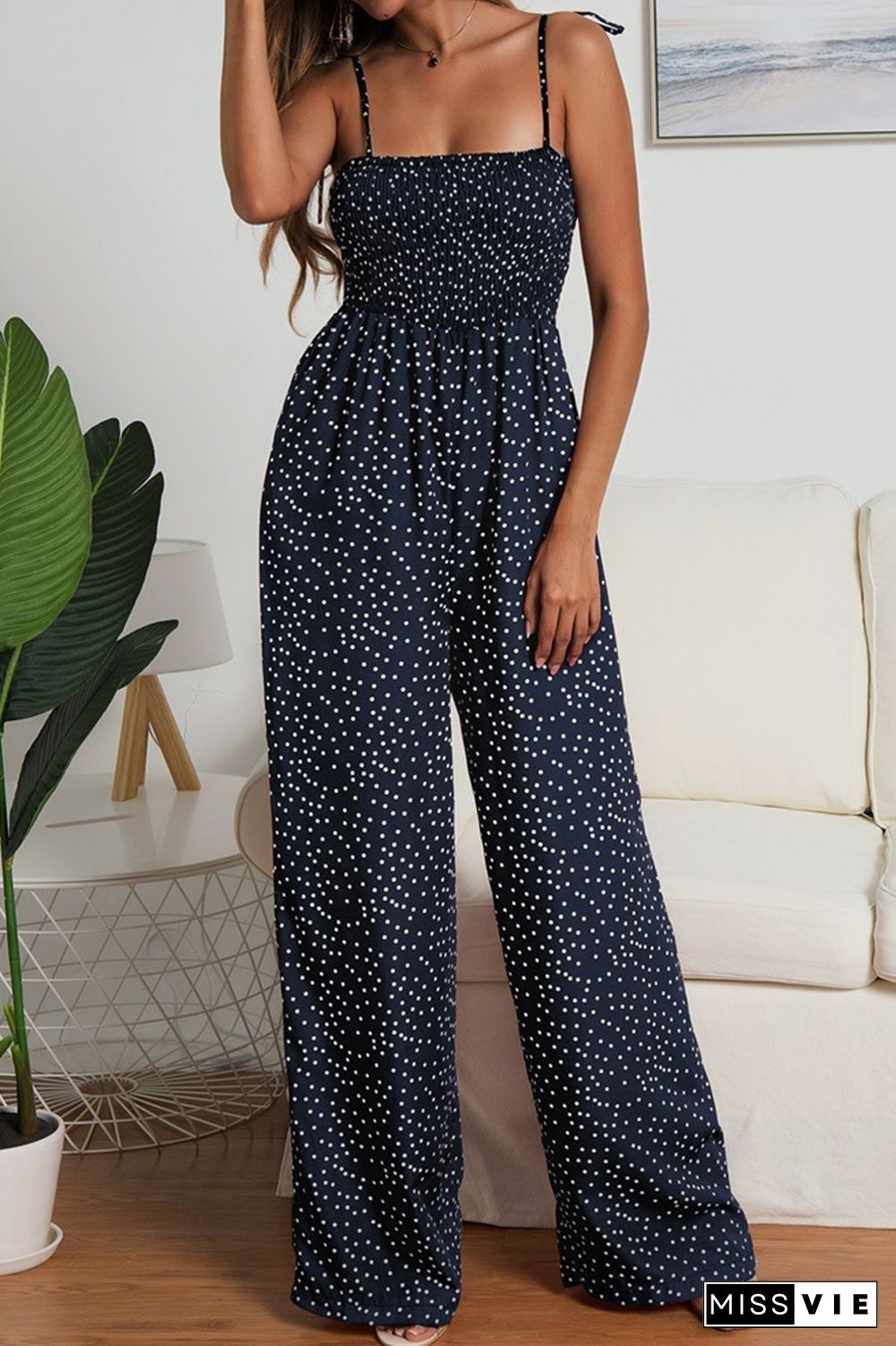 Casual Dot Strap Design Strapless Straight Jumpsuits