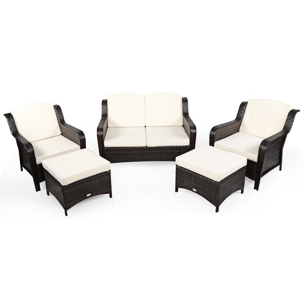 Tangkula 5 Pcs Patio Rattan Sectional Sofa Set Outdoor Furniture Conversation Set Cushioned Loveseat Sofa Ottoman