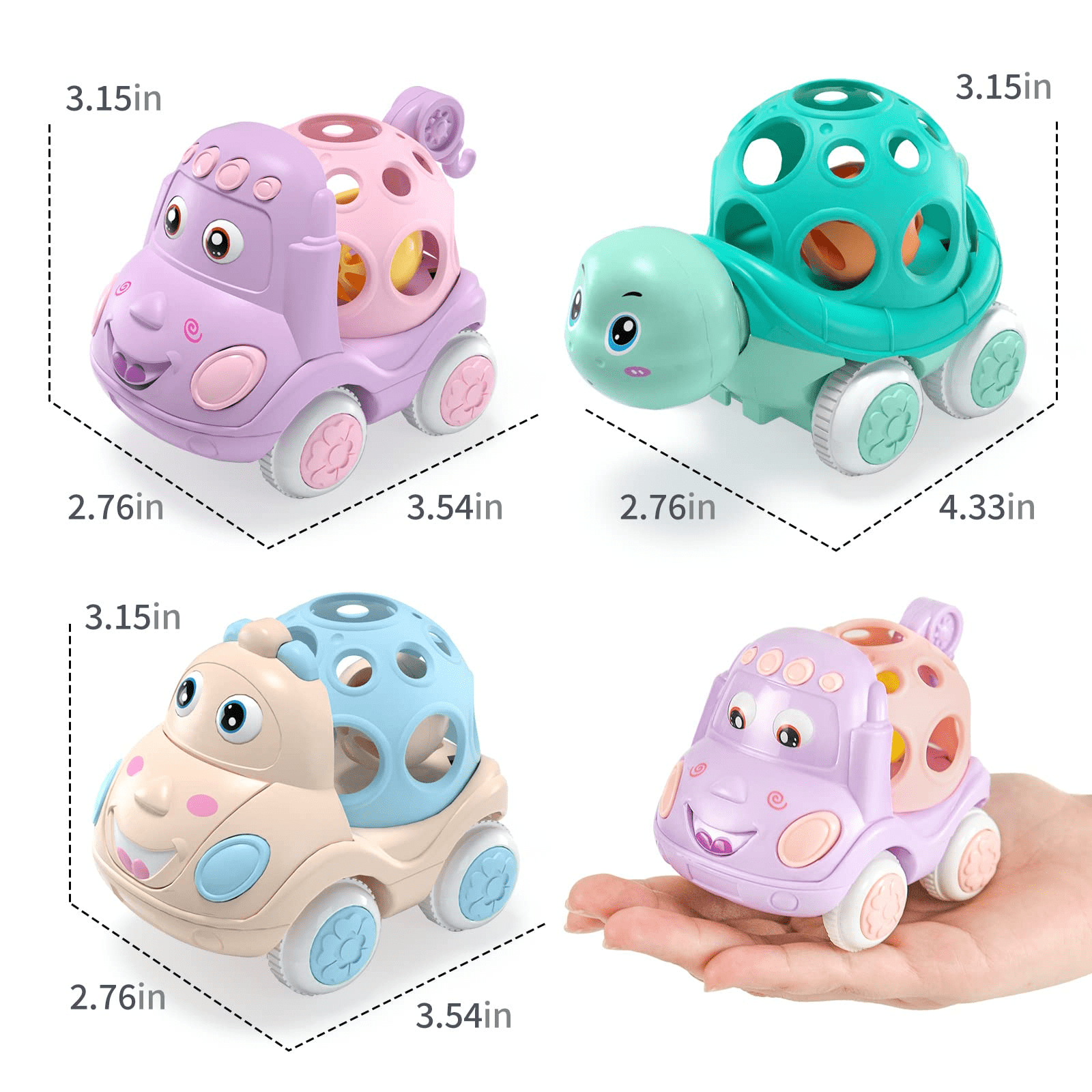 Children's Rattles and Rolling Cars， Baby Car Toys for 6-12 Months， 3 Pieces of Push-Pull Toys with Soft Rubber Rattles (Random Color)