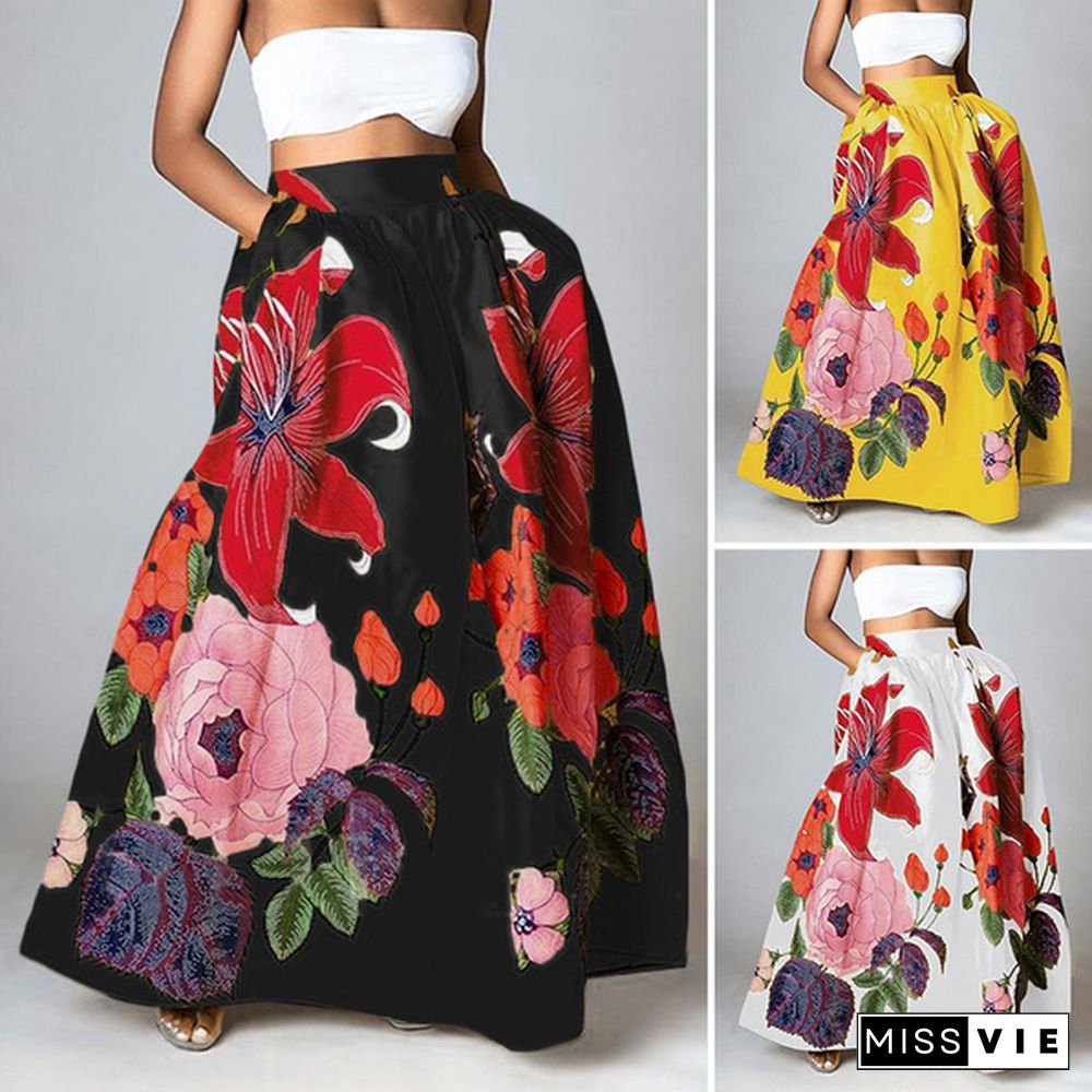 Fashion Women Floral Printed Maxi Skirt High Waist Party Casual Umbrella Long Skirt Dress Plus Size