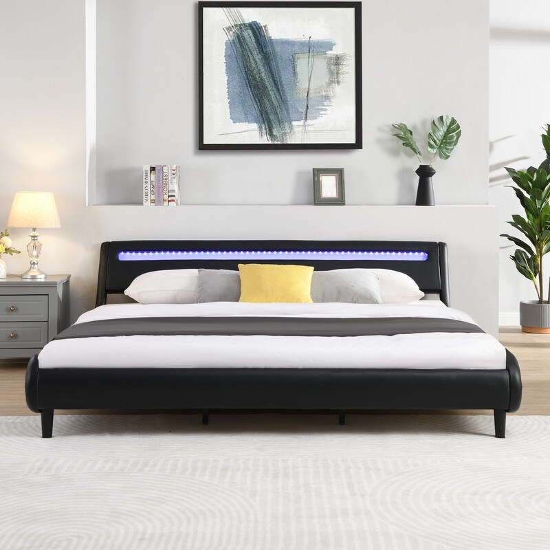 Modern Upholstered Platform Bed Frame with LED Lights Headboard  Wave Like Design