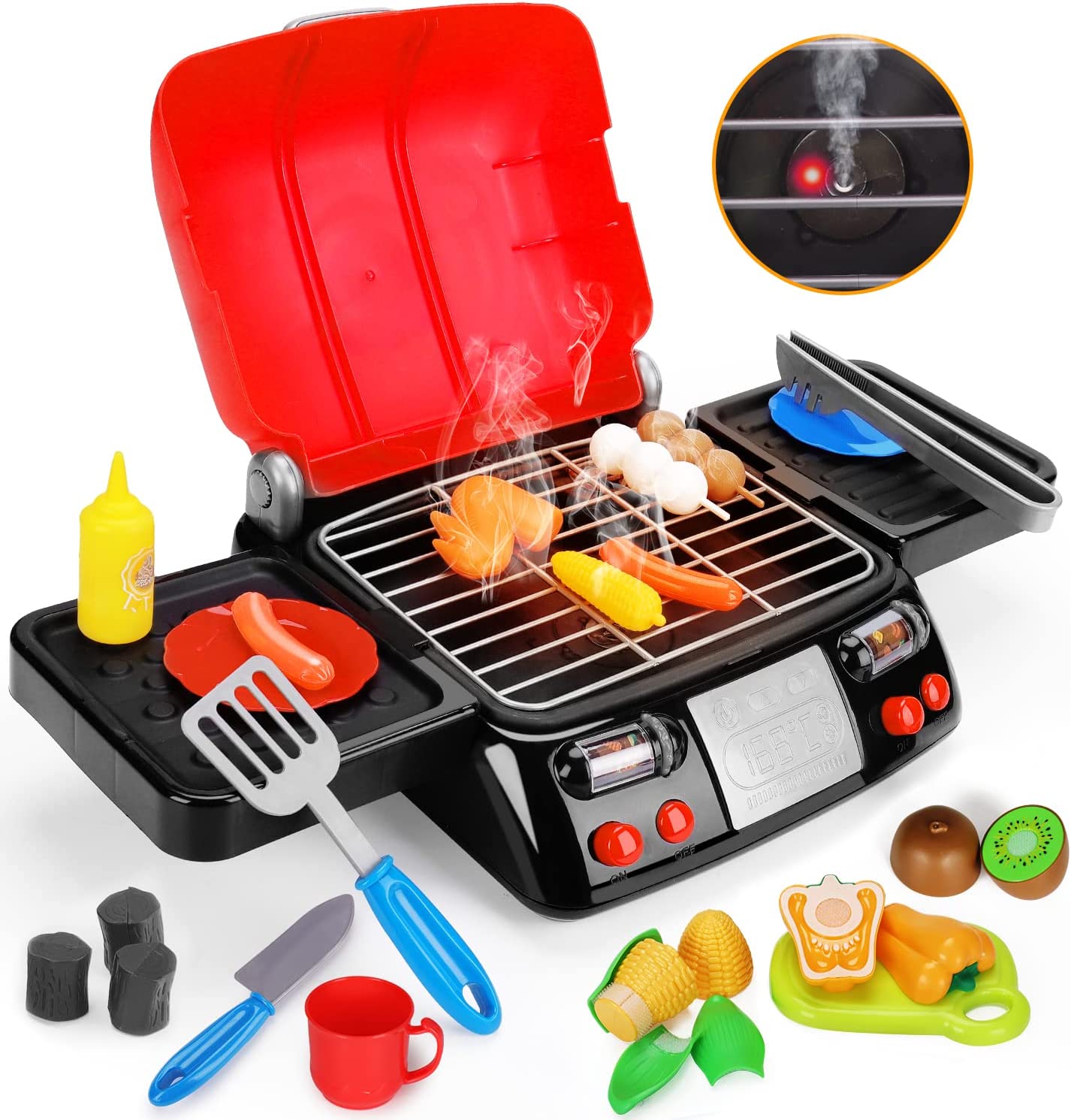 AugToy Kids Play Food Grill with Pretend Smoke Sound Light Kitchen Playset Pretend BBQ