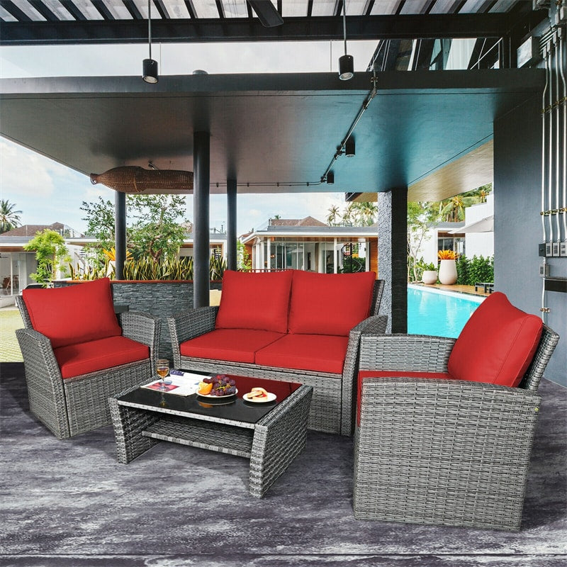 4 Pcs Rattan Patio Sectional Furniture Set with Storage Shelf Table, Cushioned Outdoor Wicker Conversation Sofa Set