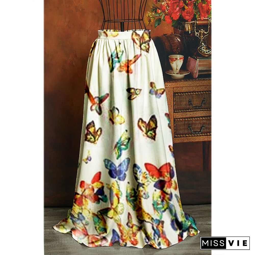 New Style Women Fashion Long Length Butterfly Printed Bohemian Style Vintage Pleated Skirts Summer Long Skirt