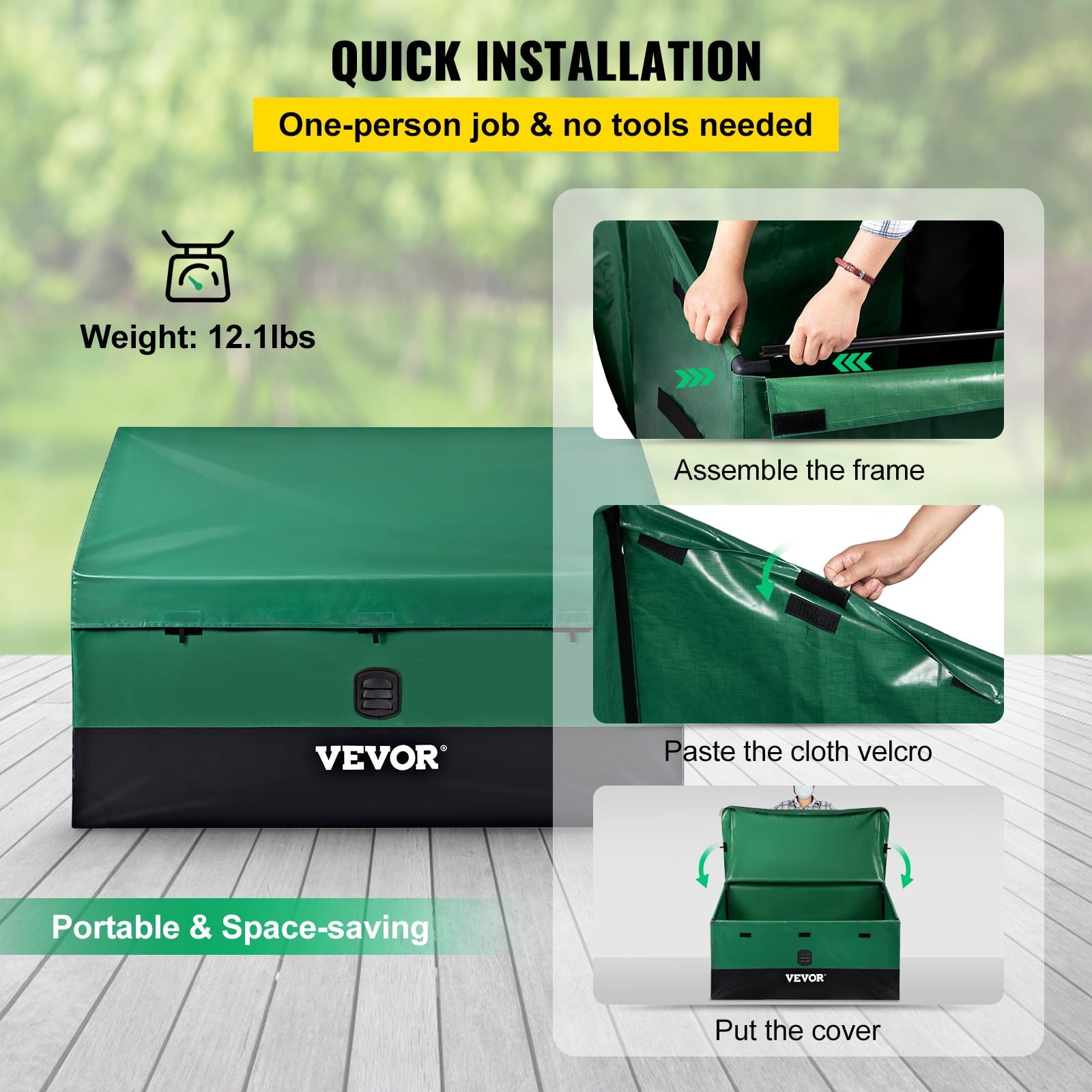 VEOVRbrand Outdoor Storage Box, 100 Gallon Waterproof PE Tarp Deck Box w/ Galvanized Frame, All-Weather Protection & Portable, for Camping, Garden, Poolside, and Yard,Black &Green