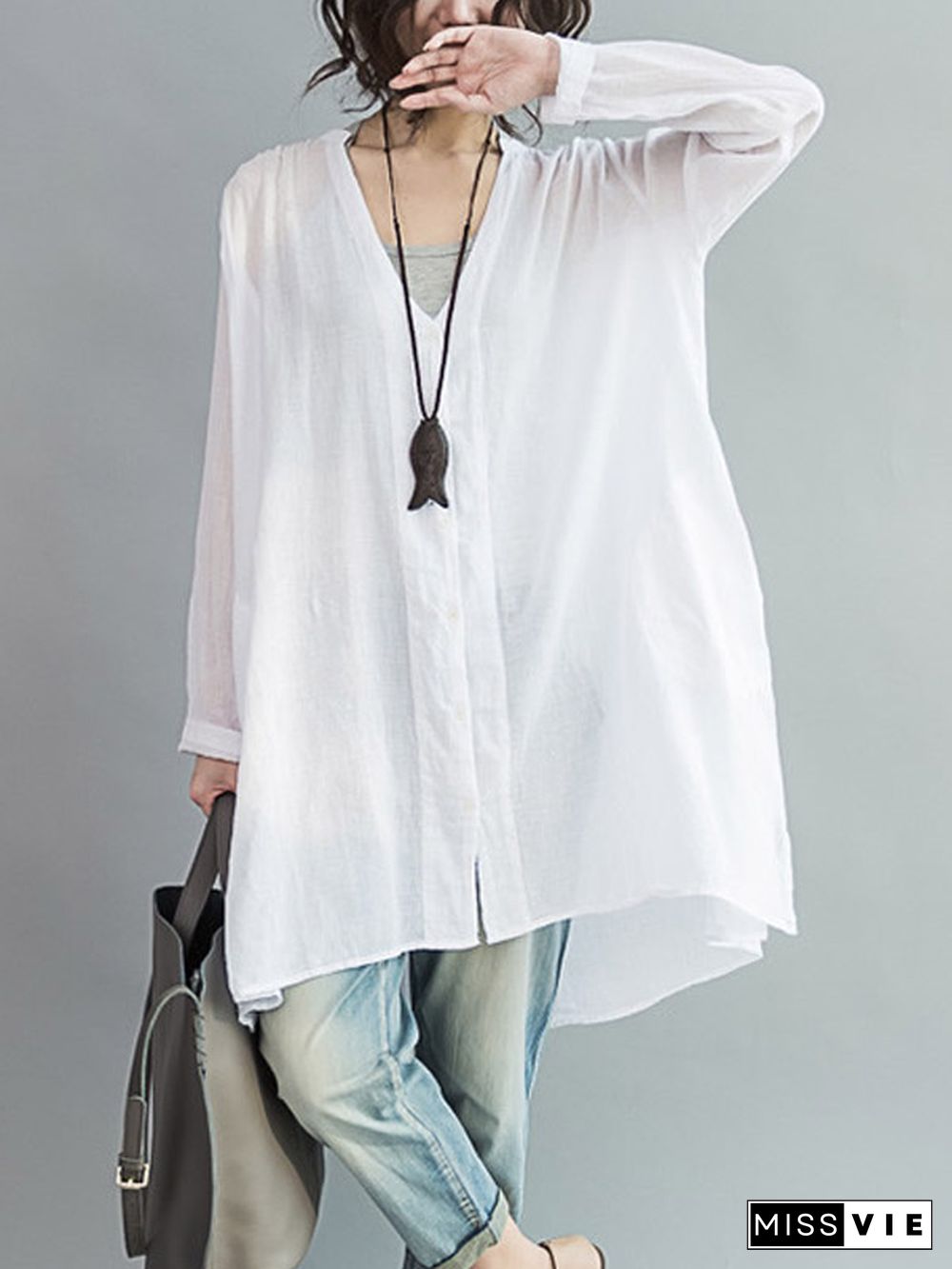 Original Solid Sun-Protection V-Neck Blouse Tops