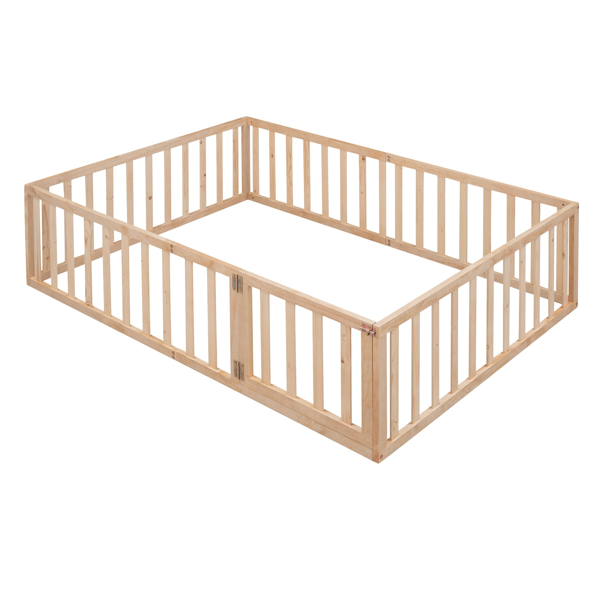 uhomepro Full Floor Bed Frame for Toddlers, Floor Kids Bed with Fence and Door, Low Wood Beds for Girls Boys, Natural