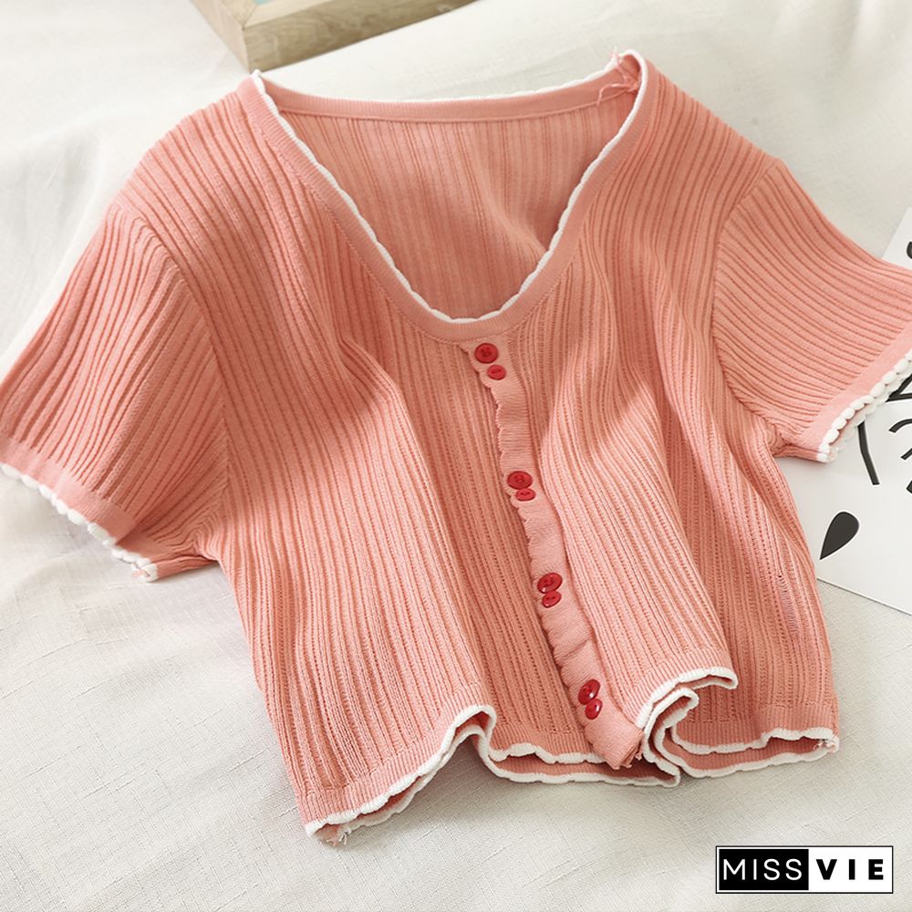 Heliar Summer Pink T-Shirts Women V-Neck Short Sleeve Buttoned Up Flounce Hem T Casual Streetwear Knitted Tees For Women Tops