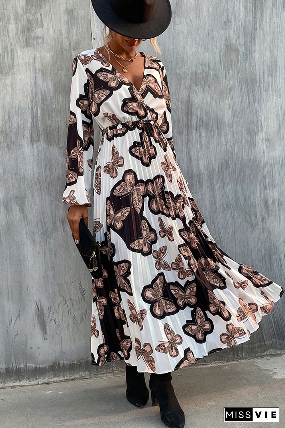 Surplice V Neck High Waist Butterfly Print Pleated Maxi Dress