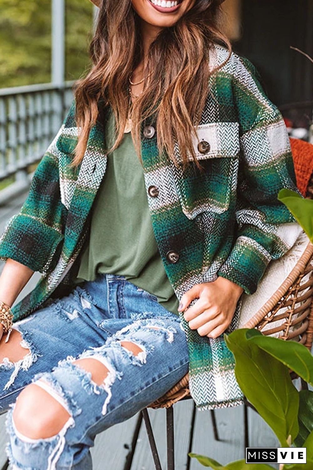 Plaid Pocket Open Button Jackets