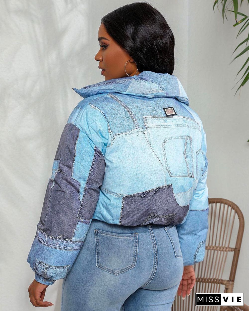 denim-patchwork puffer jacket