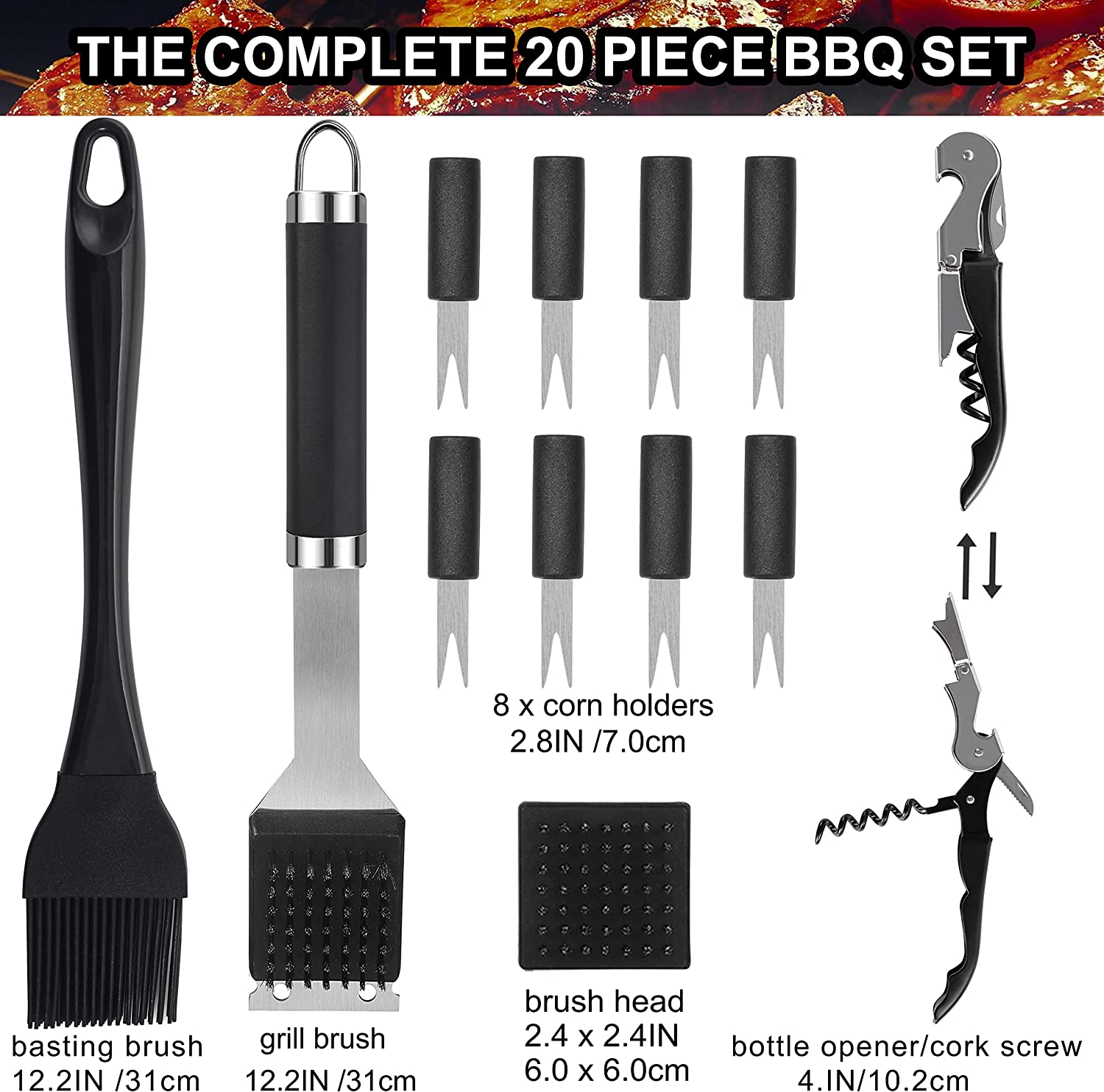 Grilljoy 20PCS BBQ Grill Tools Set - Extra Thick Stainless Steel Fork， Spatula， Tongsand Cleaning Brush - Complete Barbecue Grilling Utensils Set in Aluminum Storage Case - Perfect Grill Gifts for Men