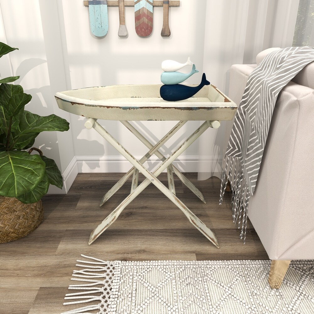 White Wood Coastal Accent Table with Oar Inspired Legs