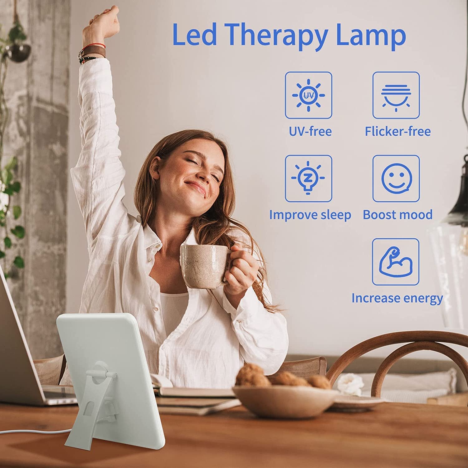 Light Therapy Lamp, 15000 Lux Simulated Sunlight, UV-Free LED Lamp, Touch Control Lamp with 3 Color Temperature & 5 Brightness Settings, Adjustable Brightness Sun Lamp for Home/Office Use, Timer Funct