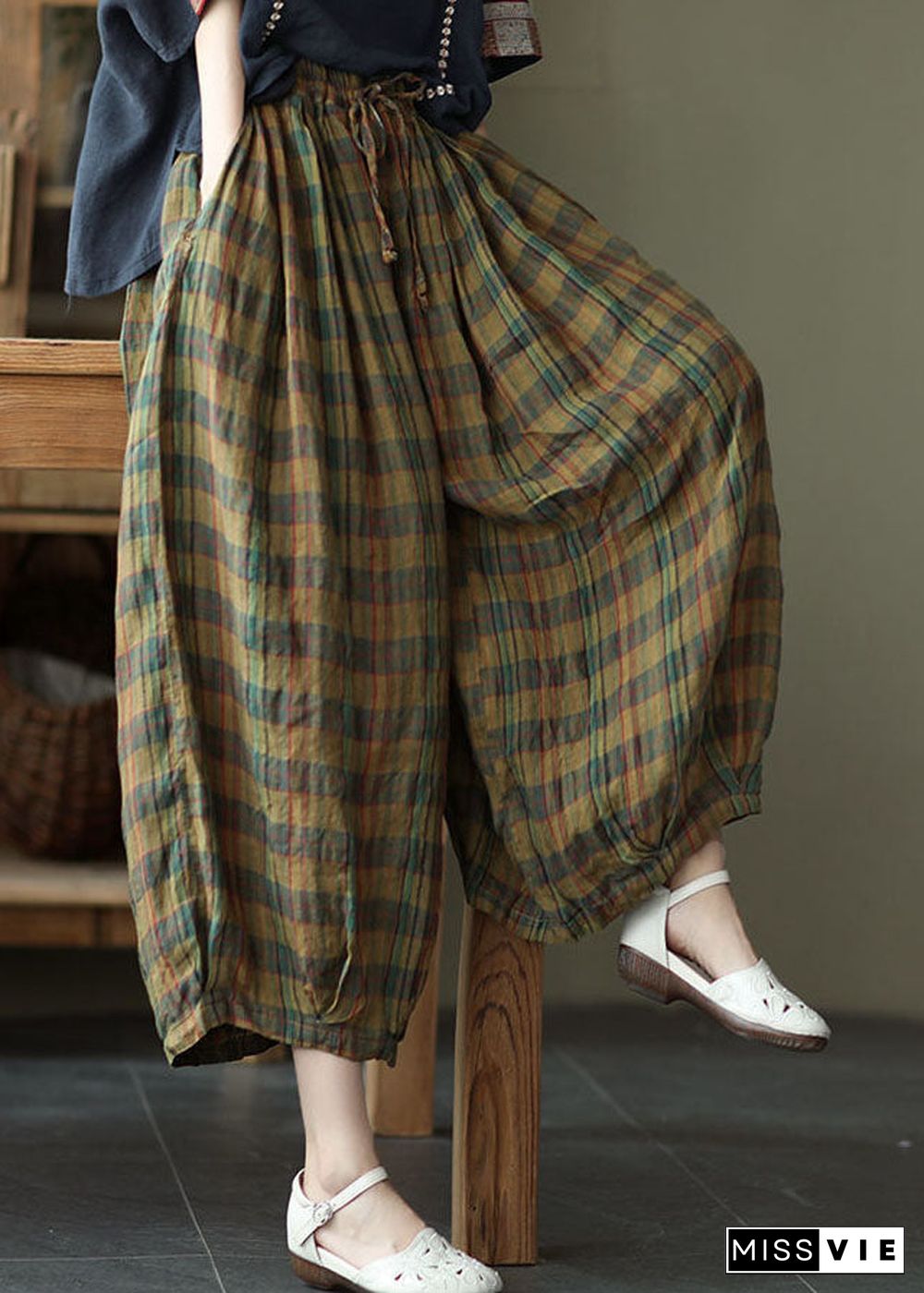 Yellow Plaid Print Cotton wide leg Pants drawstring Spring