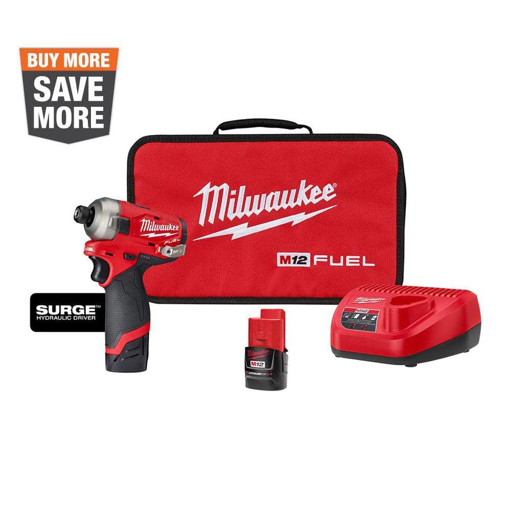 Milwaukee M12 FUEL SURGE 12V Lithium-Ion Brushless Cordless 1/4 in. Hex Impact Driver Compact Kit w/Two 2.0Ah Batteries, Bag 2551-22