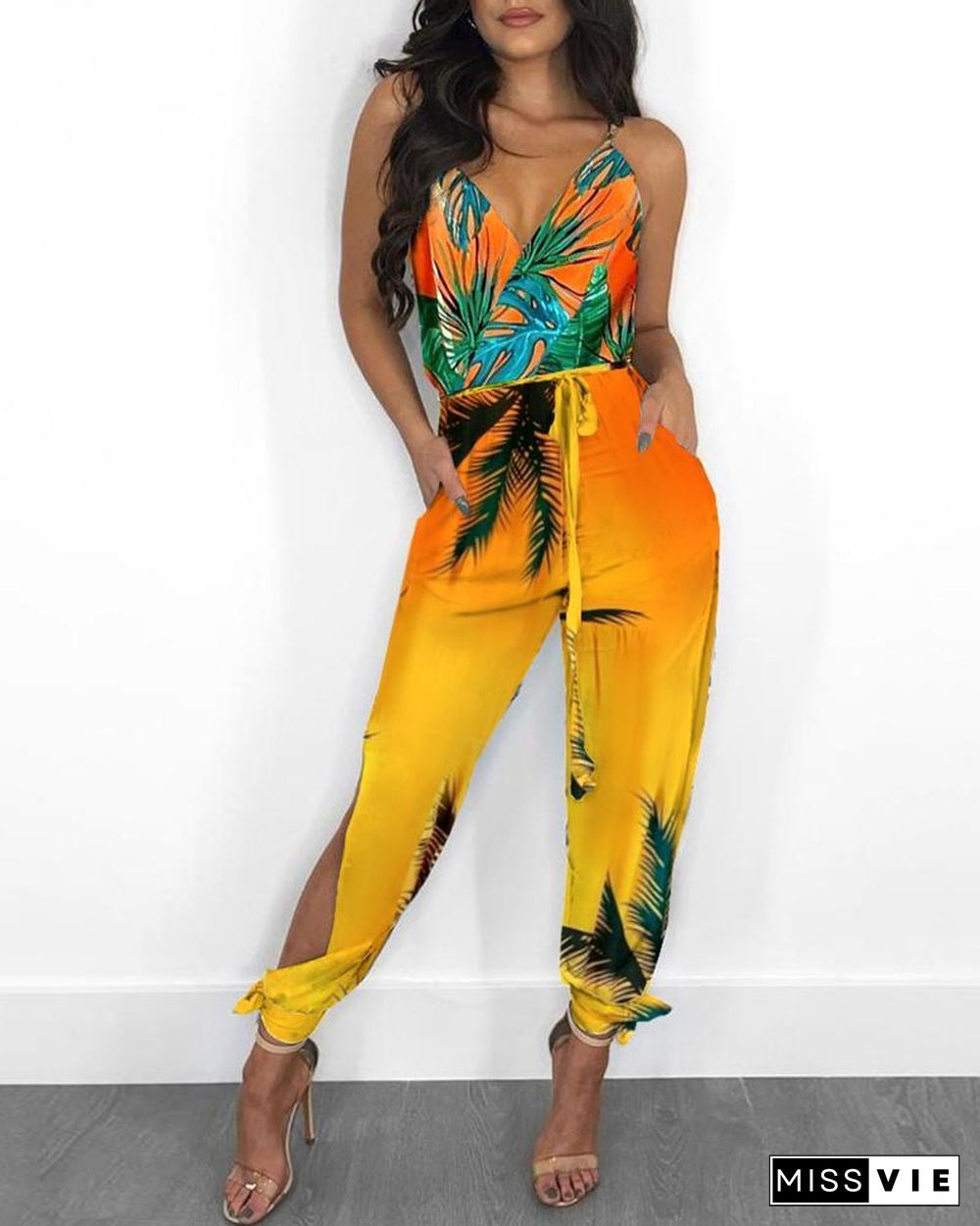 Tropical Print Pocket Design Slit Leg Jumpsuit P16071