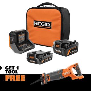 RIDGID 18V MAX Output 4.0 Ah 2.0 Ah Batteries and Charger with FREE 18V Brushless Reciprocating Saw AC8400240SB-R8647B